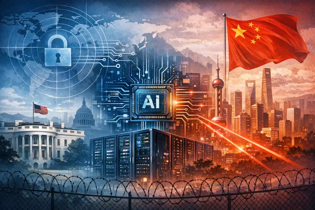 Illustration of Nvidia AI chips and cloud connections linking an overseas data center to China
