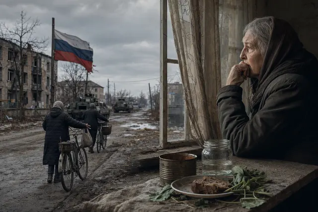 Illustrative editorial image accompanying a report on the humanitarian crisis in occupied Oleshky
