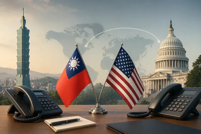 Editorial illustration of potential diplomatic call between Taiwan President Lai Ching-te and U.S. President Donald Trump