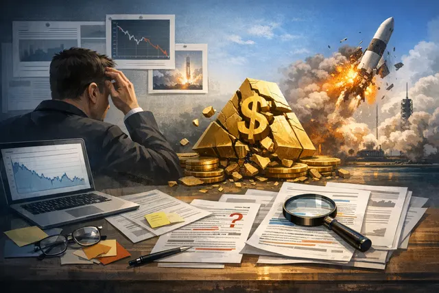 Elon Musk looking at a stock market display showing SpaceX and Tesla share price declines, representing the $363 billion loss that ended his trillionaire status