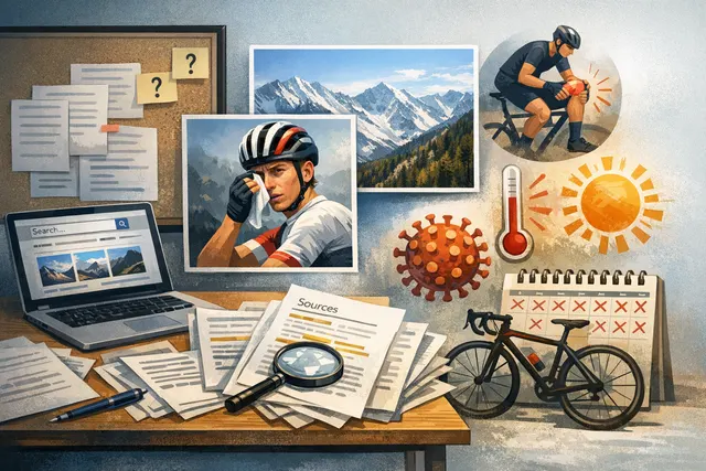 Tadej Pogačar celebrating a stage win, with a backdrop of mountains and a racing bike, representing his disrupted Tour de France preparation.