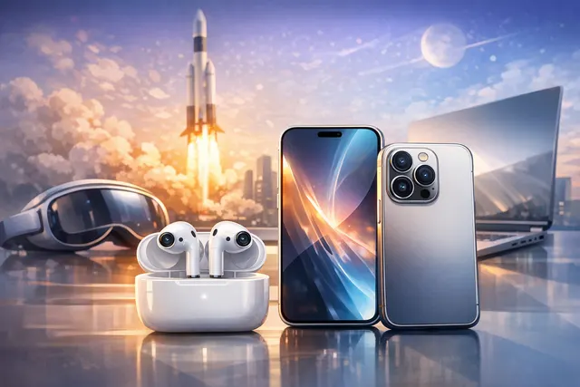 A conceptual illustration of Apple's rumored late-2027 product lineup, including an iPhone with a seamless curved glass display, a foldable iPhone, camera-equipped AirPods, and AI