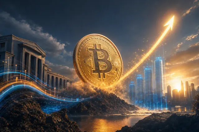 AI-generated editorial illustration accompanying analysis of Bitcoin's October 2, 2026 rally toward $87,000.