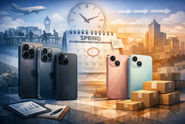 An editorial illustration depicting a split iPhone 18 launch timeline with a premium model on the left for fall 2026 and a standard model delayed to spring 2027 on the right
