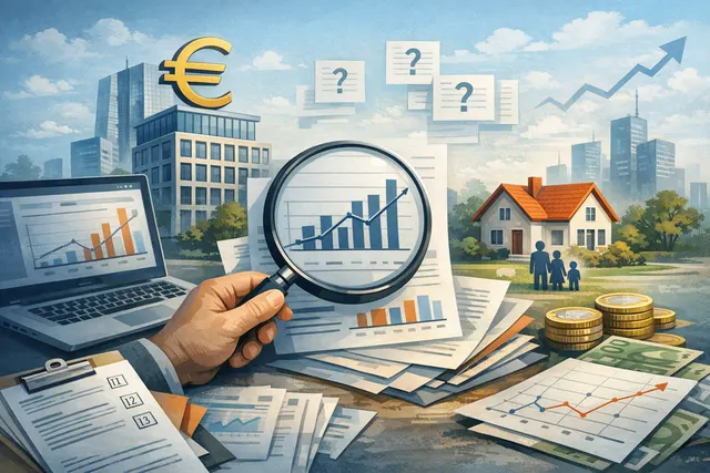 ECB headquarters in Frankfurt with overlaid euro currency symbol and lending growth chart lines trending upward against a dark blue financial backdrop
