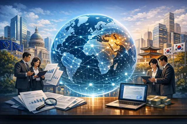 Abstract visualization of a global financial network connecting European and Asian banking hubs with data lines and currency symbols