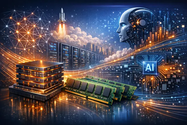 An editorial visualization representing the 2026 DRAM supercycle, showing a glowing silicon wafer overlaid with AI server rack schematics and rising price graph indicators, reflect