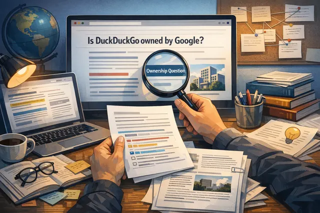 Illustration showing DuckDuckGo and Google logos separated by a line, with Duck.com domain name in the background, representing the myth that Google owns DuckDuckGo.