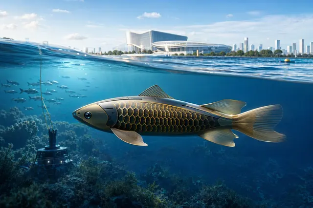 Editorial illustration of the BG-5 Golden Dragon Fish biomimetic underwater robot