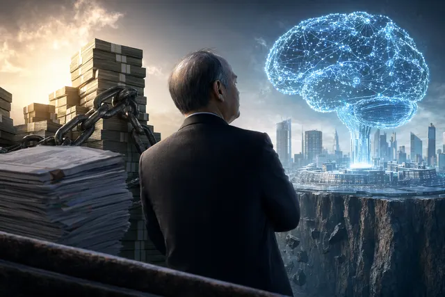 Illustration representing SoftBank’s massive investment in OpenAI and the financial risks tied to debt and AI competition
