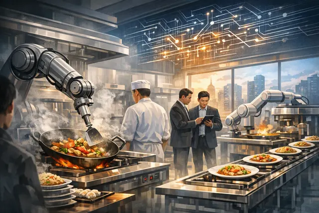 Illustration of an AI cooking robot preparing food in a commercial kitchen