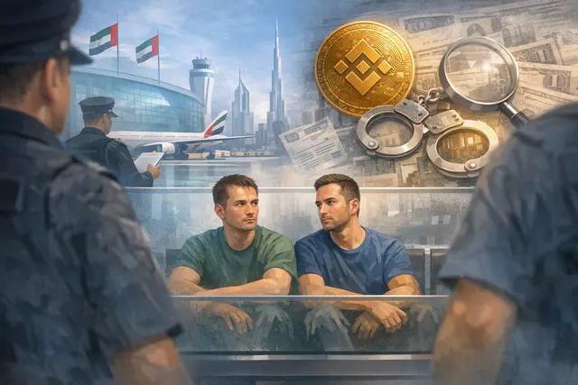 Illustration of a cryptocurrency exchange employee being questioned at a UAE airport, with Binance and digital finance themes