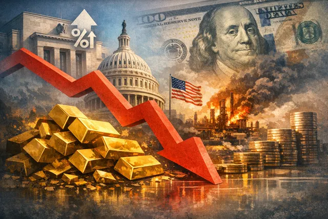 A visual representation of gold prices falling sharply, with a downward-trending line graph overlaid on gold bars and a background of financial charts.