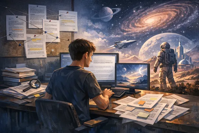 A conceptual illustration representing Vitalik Buterin's shift from technical writing to science fiction, with Ethereum symbols and a book motif.