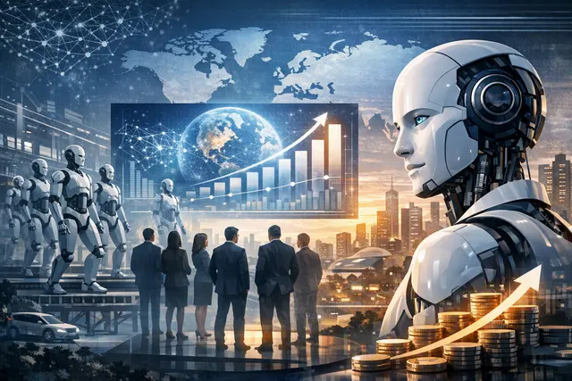 Editorial illustration of Elon Musk discussing humanoid robots, artificial intelligence, and data-center power demand at a G20 technology meeting