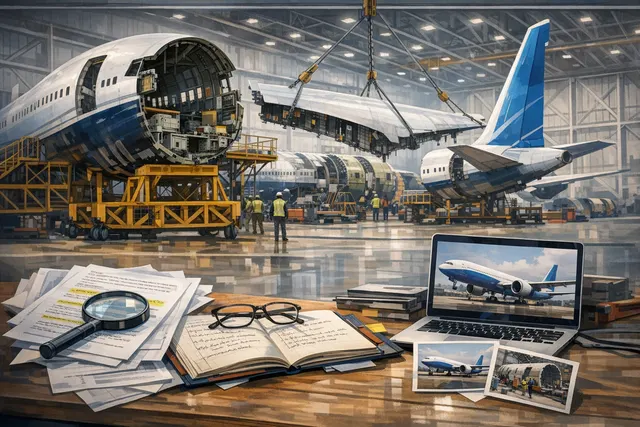 Concept illustration of a Boeing 777X airframe in storage with missing engines and covered panels, representing the scrapped WH007