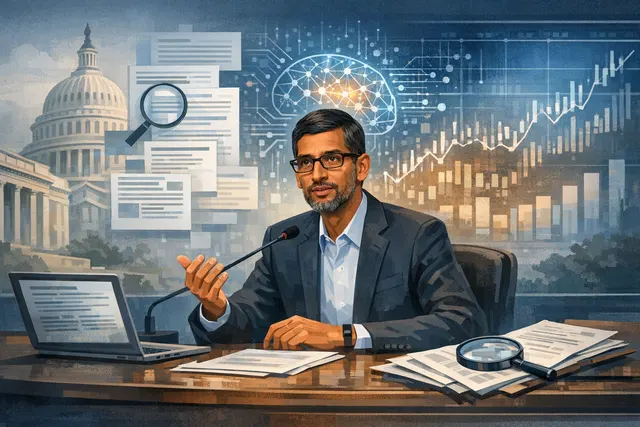Sundar Pichai speaking at a Google event with AI and cloud graphics in the background