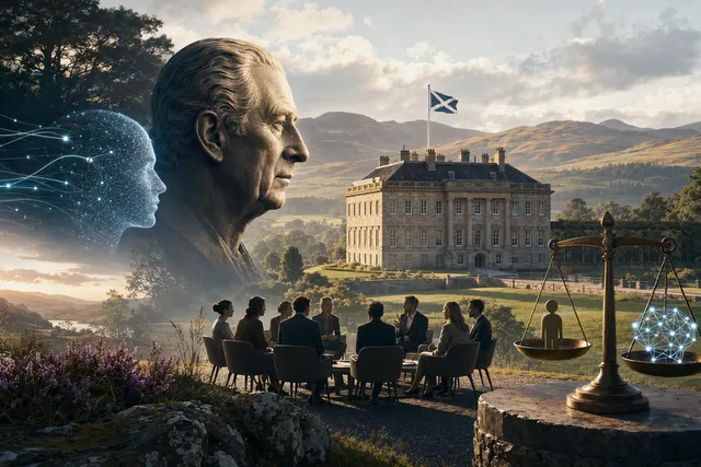 Editorial illustration of King Charles III’s Dumfries House AI summit and the debate over AI safety