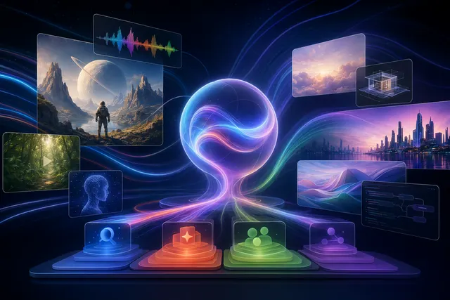 Editorial illustration representing Google I/O 2026 announcements including Gemini Omni and AI-powered ecosystem