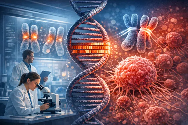 Abstract illustration of a DNA strand with highlighted repetitive macrosatellite regions, symbolizing the hidden role of SST1/NBL2 sequences in cancer and genome instability.