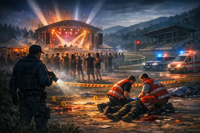 Editorial illustration of police responding after a shooting at a techno rave in Aarau, Switzerland