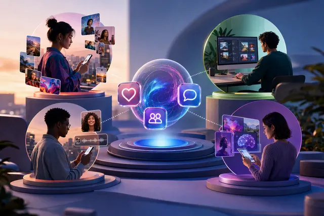 Editorial illustration representing Meta One subscriptions across Instagram, Facebook, WhatsApp and Meta AI