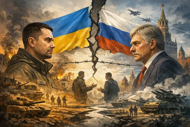 Editorial illustration of Ukraine and Russia peace talks stalled as winter fighting and infrastructure strikes continue