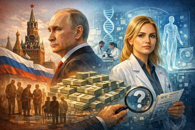Conceptual illustration of Vladimir Putin's $26 billion anti-aging initiative, featuring double helix DNA strands, laboratory equipment, a bioprinted organ, and a miniature pig, sy