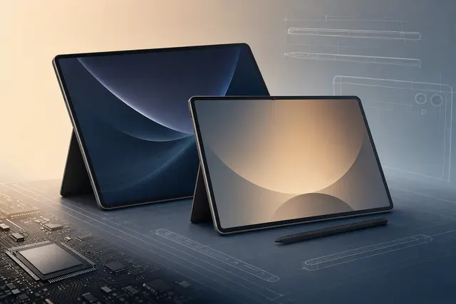 Editorial illustration of the rumored Samsung Galaxy Tab S12+ and Galaxy Tab S12 Ultra tablets