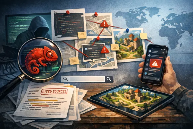Meccha Chameleon game interface with a red warning overlay representing the Steam Workshop malware incident and Discord server hijack