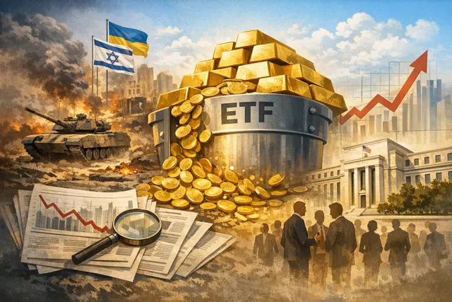 Gold bars next to downturned stock charts with a Federal Reserve building in the background, illustrating the $2 billion ETF outflow in May 2026