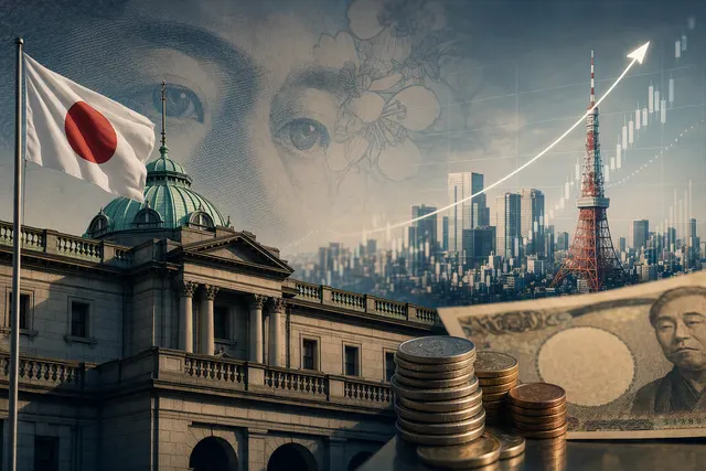 Editorial illustration of Japan’s central-bank policy and yen-market volatility