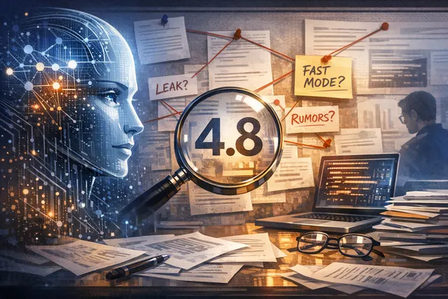 Editorial illustration comparing confirmed facts and unverified rumors about Anthropic's Claude Opus 4.8 AI model release