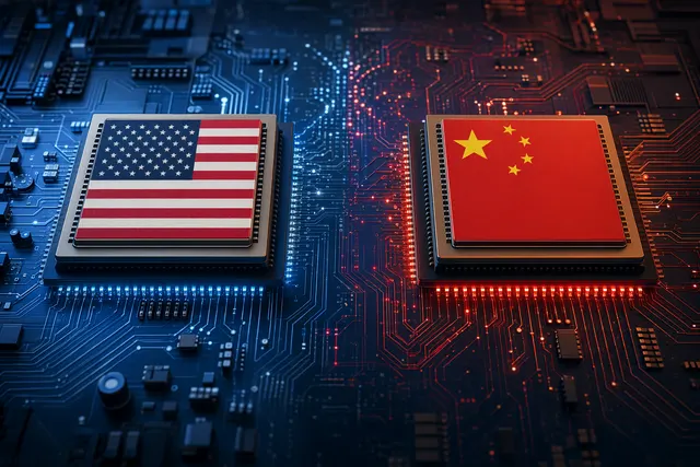 Editorial illustration representing the competition between US and Chinese AI chips
