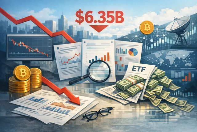 Illustration of Bitcoin falling as capital flows away from spot ETFs toward AI and tech stocks, representing the record $6.35 billion ETF outflow in mid-2026.