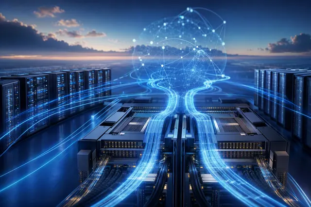 Illustration of AI data-center networking connecting accelerator clusters