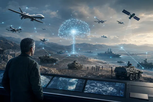 Editorial illustration representing AI-coordinated battlefield sensors and autonomous systems