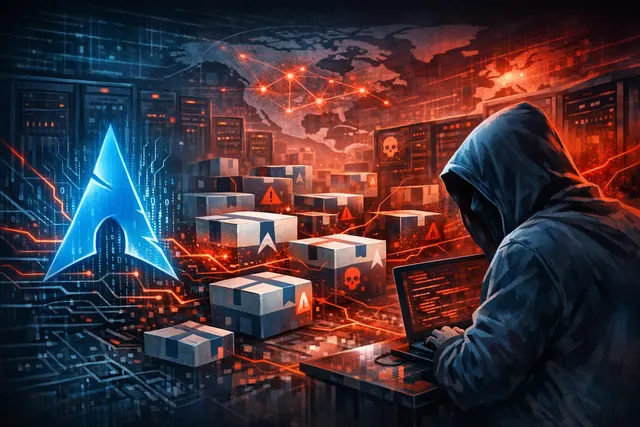 A conceptual illustration of a supply chain attack targeting Arch Linux packages, showing a shield cracking under a digital threat.