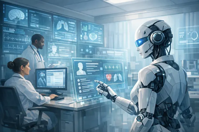 Medical AI concept: digital interface overlaying a clinical environment, representing the intersection of AI agents like AMIE and MIRA with healthcare