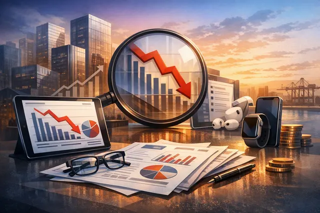 Apple logo on a dark background with financial charts and data visualization elements