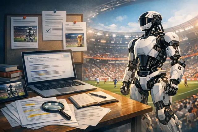 Boston Dynamics Atlas humanoid robot at MetLife Stadium during the 2026 FIFA World Cup halftime show, delivering the match ball