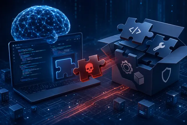 Editorial illustration of Plugin4Shell, a software supply-chain risk affecting AI coding-agent plugin updates