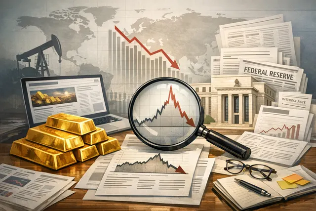 Gold bars and coins with a falling chart arrow overlaid against a dark background, illustrating the 2026 gold bear market.