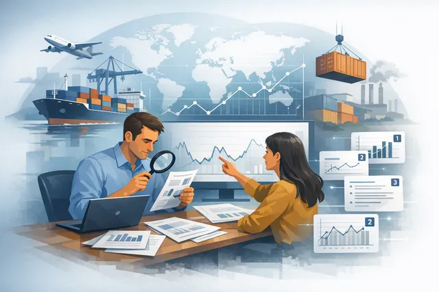 Global supply chain network with data charts showing volatility index and CEO resilience survey results