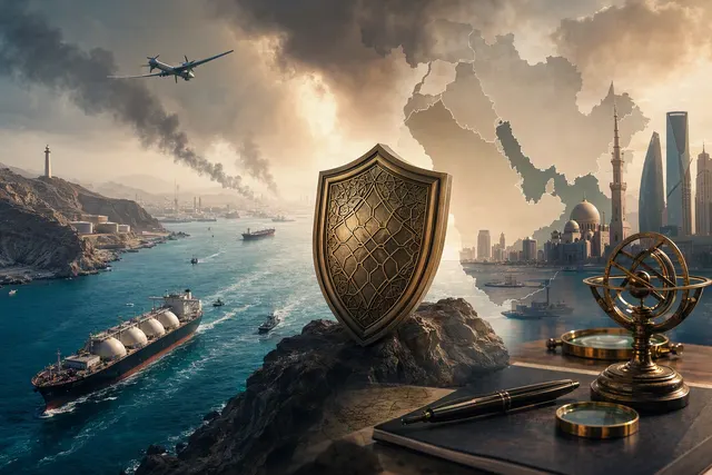 Editorial illustration of Gulf takaful insurance and shipping disruption in the Strait of Hormuz