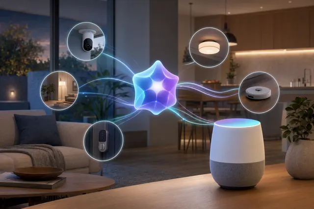 Illustration of Gemini-powered Google Home smart home controls on connected devices