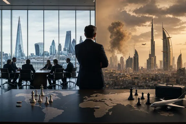 Editorial illustration for HSBC’s decision to move a board meeting from Dubai to London