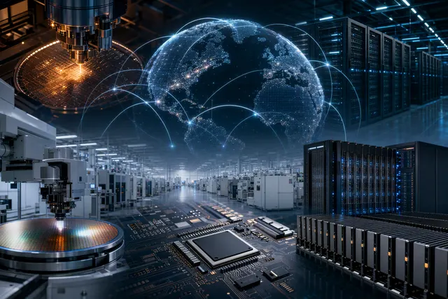 Editorial illustration of AI-driven semiconductor manufacturing and memory infrastructure