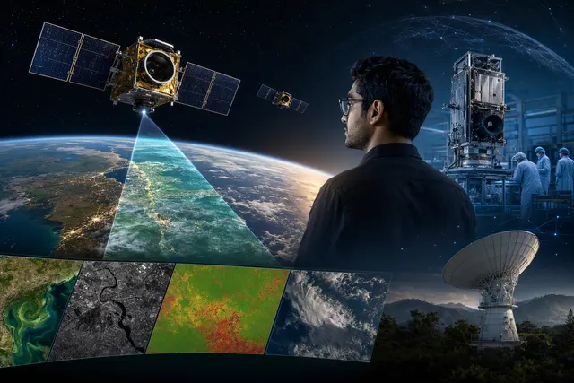 Editorial illustration of Pixxel’s Earth-observation satellite technology