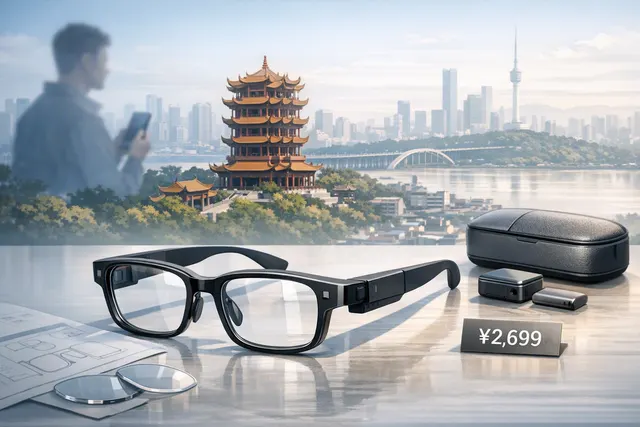 Conceptual illustration of Sharge Loomos L1 AI glasses with a titanium frame and active AI memory features